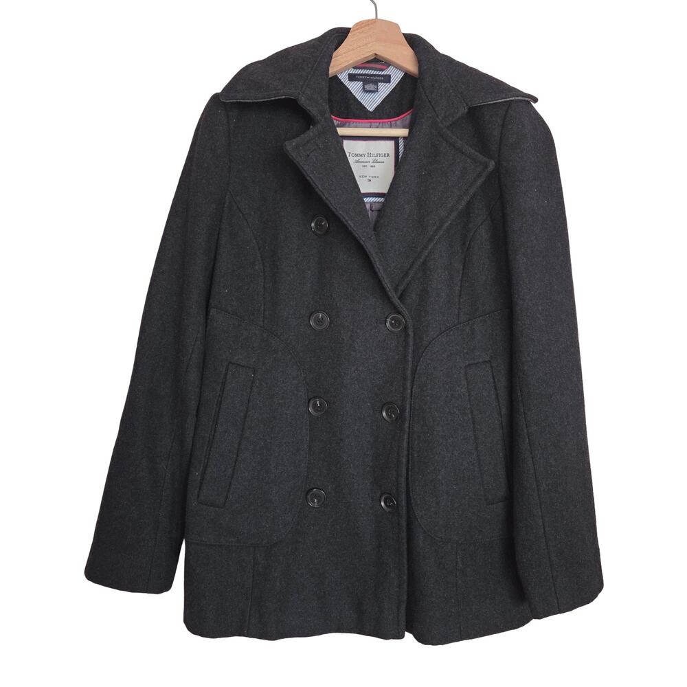 Tommy Hilfiger | Dark Grey Wool Blend Double Breasted Peacoat Pockets
